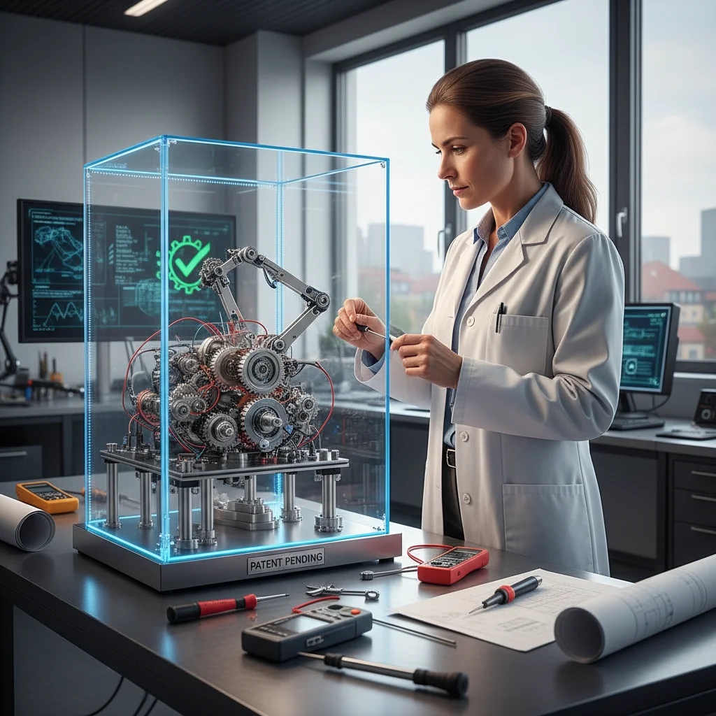 A photorealistic image of a professional inventor in a modern German laboratory, examining a detailed technical prototype such as a mechanical device or innovative gadget, symbolizing the protection and approval of intellectual property through patent agreements, with subtle German flag elements in the background to evoke the legal context in Germany.