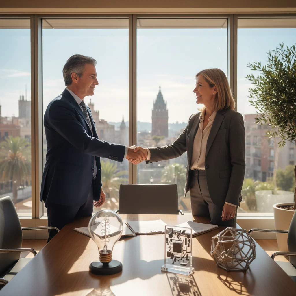 A photorealistic image of two professional adults in a modern Spanish office setting, shaking hands over a conference table with subtle patent-related elements like innovation blueprints or tech prototypes in the background, symbolizing a patent license agreement. No children present.