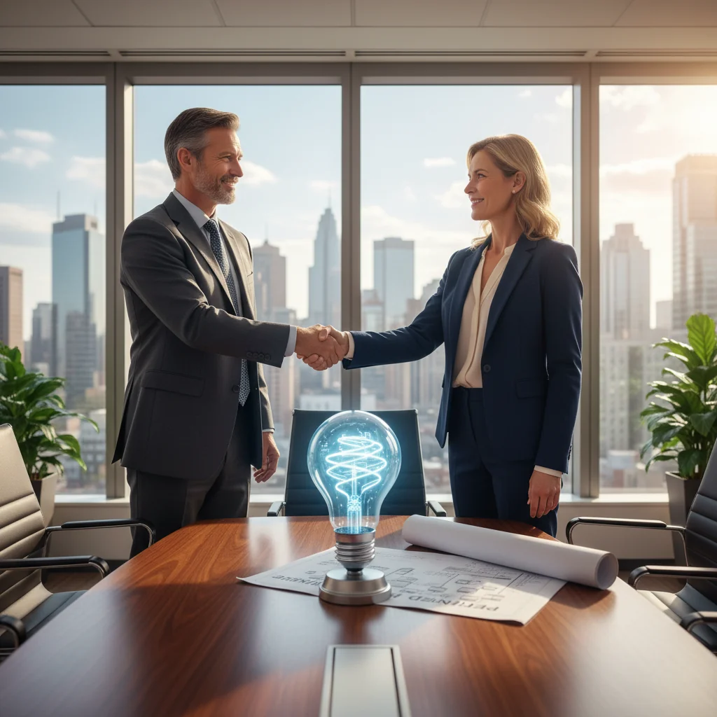 A photorealistic image depicting two professional adults in a modern office setting, shaking hands over a conference table to symbolize a business partnership and intellectual property agreement, with subtle innovation elements like a lightbulb or blueprint in the background, conveying trust, collaboration, and the exchange of ideas without showing any legal documents.