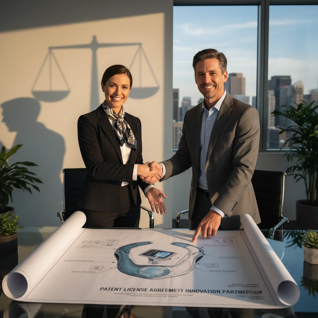A photorealistic image representing the benefits and risks in a patent license agreement, showing two adult professionals in a modern office shaking hands over a blueprint of an innovative invention like a high-tech device, symbolizing collaboration and potential rewards, with subtle elements of caution like a faint shadow or question mark in the background, no children or legal documents visible.