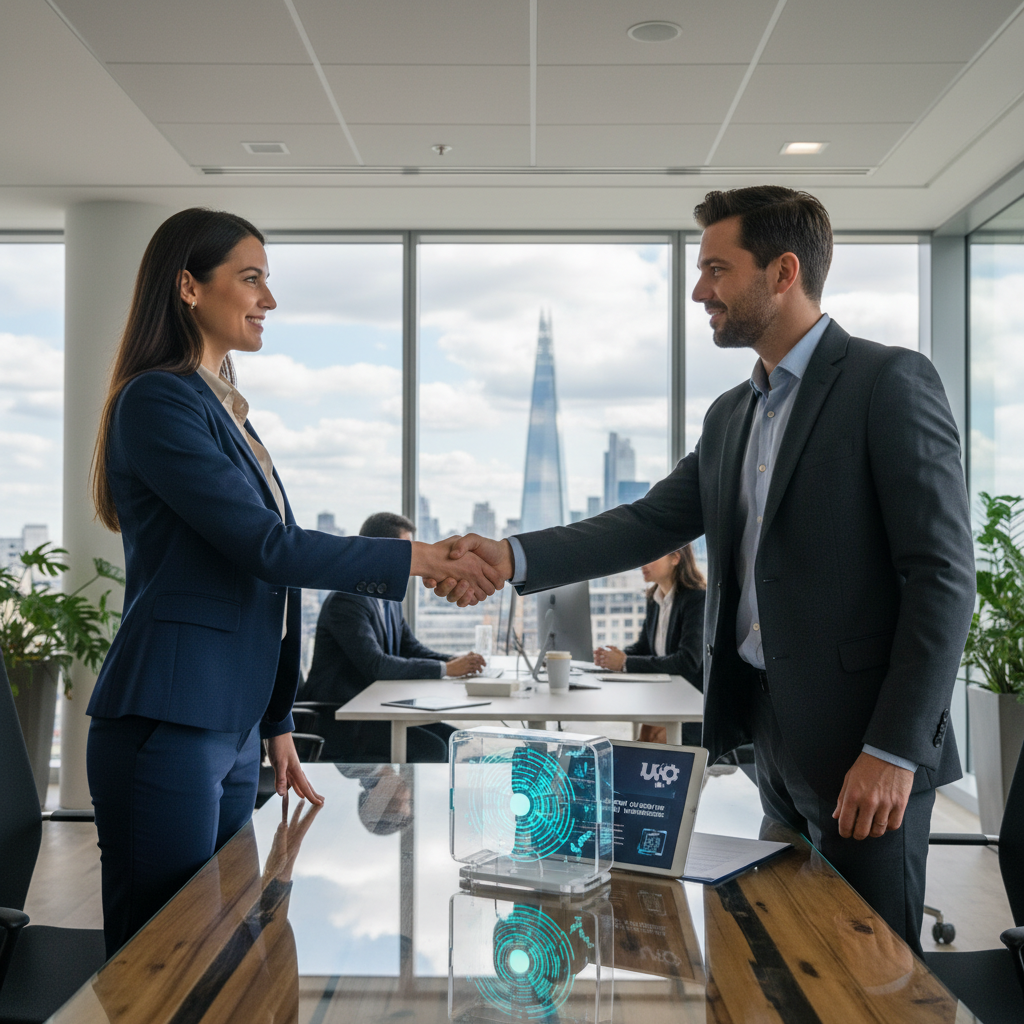 A professional scene depicting innovation and collaboration in intellectual property, showing two adults in a modern office shaking hands over a blueprint or invention prototype, symbolizing a patent licensing agreement, with a subtle UK flag in the background, photorealistic style.