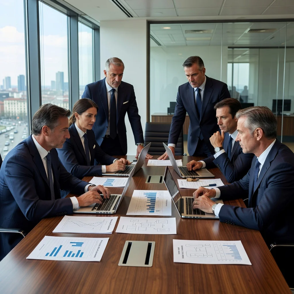 A photorealistic image depicting the advantages and risks of patent licensing contracts for Italian businesses, showing a professional business meeting in a modern Italian office where executives are discussing a partnership deal with charts and innovation symbols, evoking collaboration and strategic decision-making without focusing on legal documents.