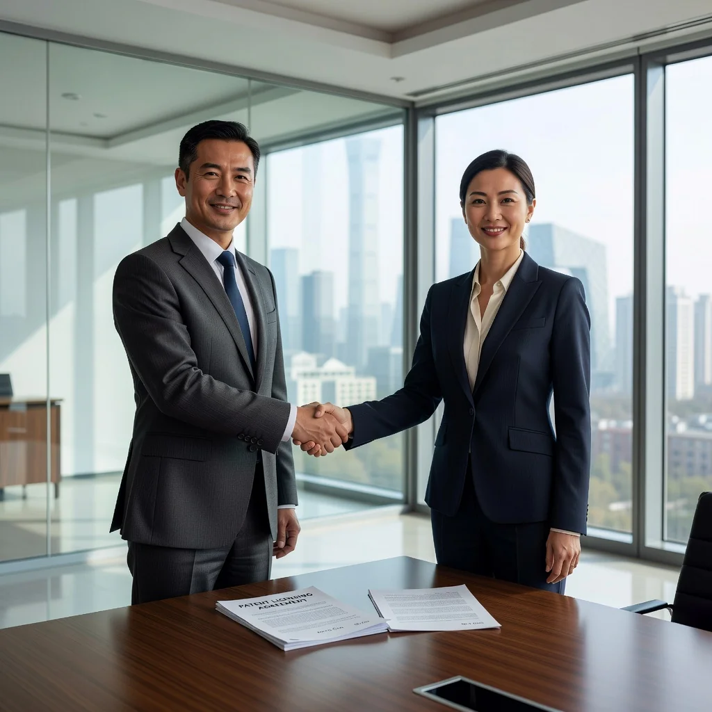 A photorealistic image of two professional businesspeople in a modern office setting, shaking hands over a conference table to symbolize the signing of a patent licensing agreement in China. The background includes subtle Chinese elements like a city skyline view, emphasizing innovation and intellectual property collaboration. No children are present in the image.