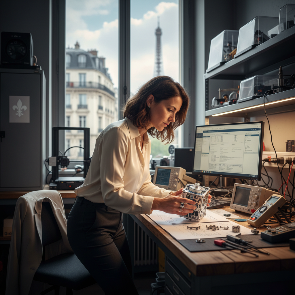A photorealistic image of a professional adult inventor in a modern French laboratory, holding a prototype invention like a small gadget, looking inspired and focused, with French flags or Eiffel Tower in the background to evoke France, symbolizing the innovation and protection of patents.