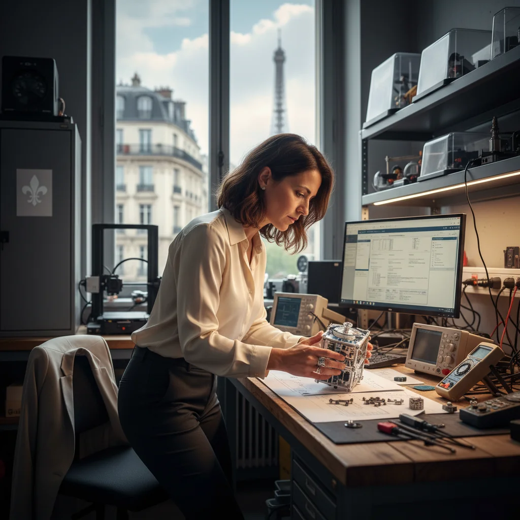 A photorealistic image of a professional adult inventor in a modern French laboratory, holding a prototype invention like a small gadget, looking inspired and focused, with French flags or Eiffel Tower in the background to evoke France, symbolizing the innovation and protection of patents.