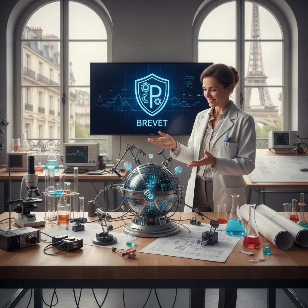 A photorealistic image representing innovation and intellectual property protection in France, featuring a professional adult inventor in a modern French laboratory, holding a prototype invention like a new gadget, with subtle French landmarks such as the Eiffel Tower visible through a window in the background, symbolizing the purpose of a patent license.