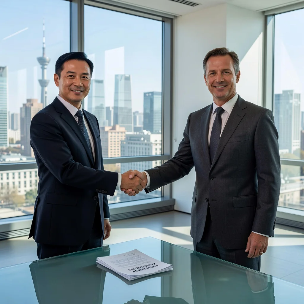 A photorealistic image depicting a professional business meeting between Chinese and international executives in a modern conference room in China, symbolizing patent licensing agreements and legal risk management, with elements like a subtle Chinese flag or skyline in the background, no documents visible, adults only, no children.