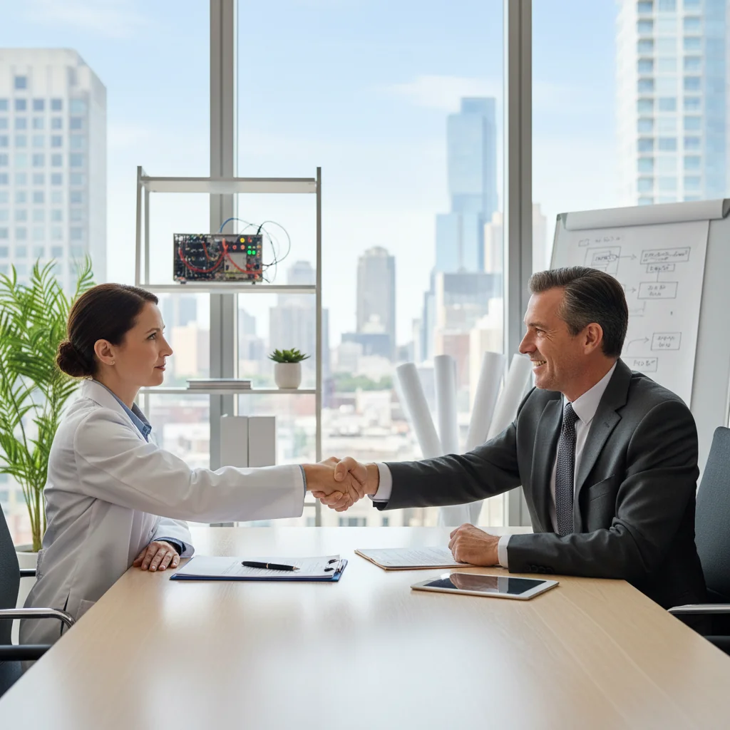 A photorealistic image of two professional adults, a patent inventor and a business partner, shaking hands in a modern office setting surrounded by subtle symbols of innovation like blueprints and prototypes, representing the licensing agreement of a patent without showing any legal documents.