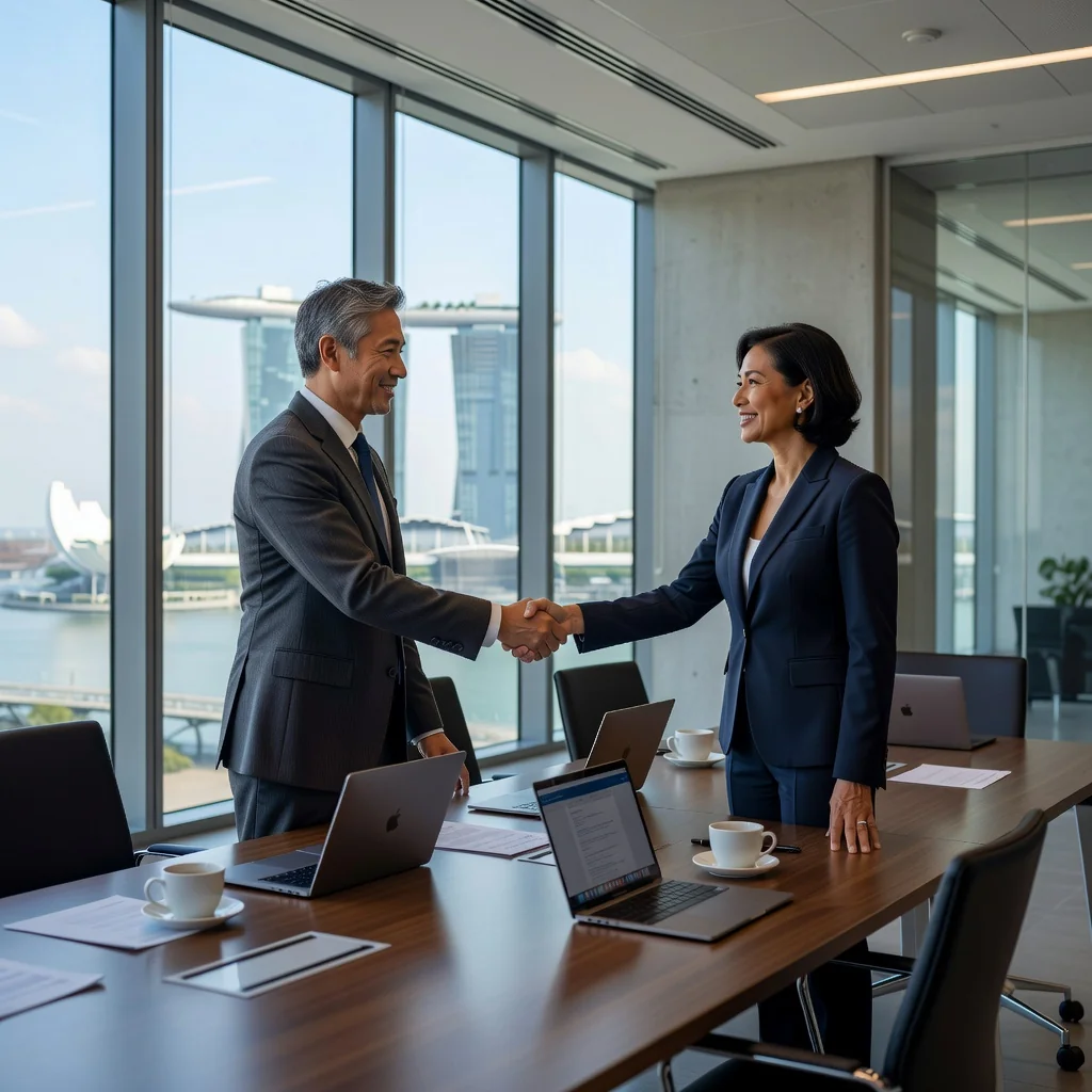 A photorealistic image depicting a professional business meeting in a modern Singapore office, where two adults in business attire are shaking hands across a conference table, symbolizing a successful patent license agreement negotiation, with a subtle view of the Singapore skyline in the background through large windows, conveying innovation and collaboration in intellectual property.