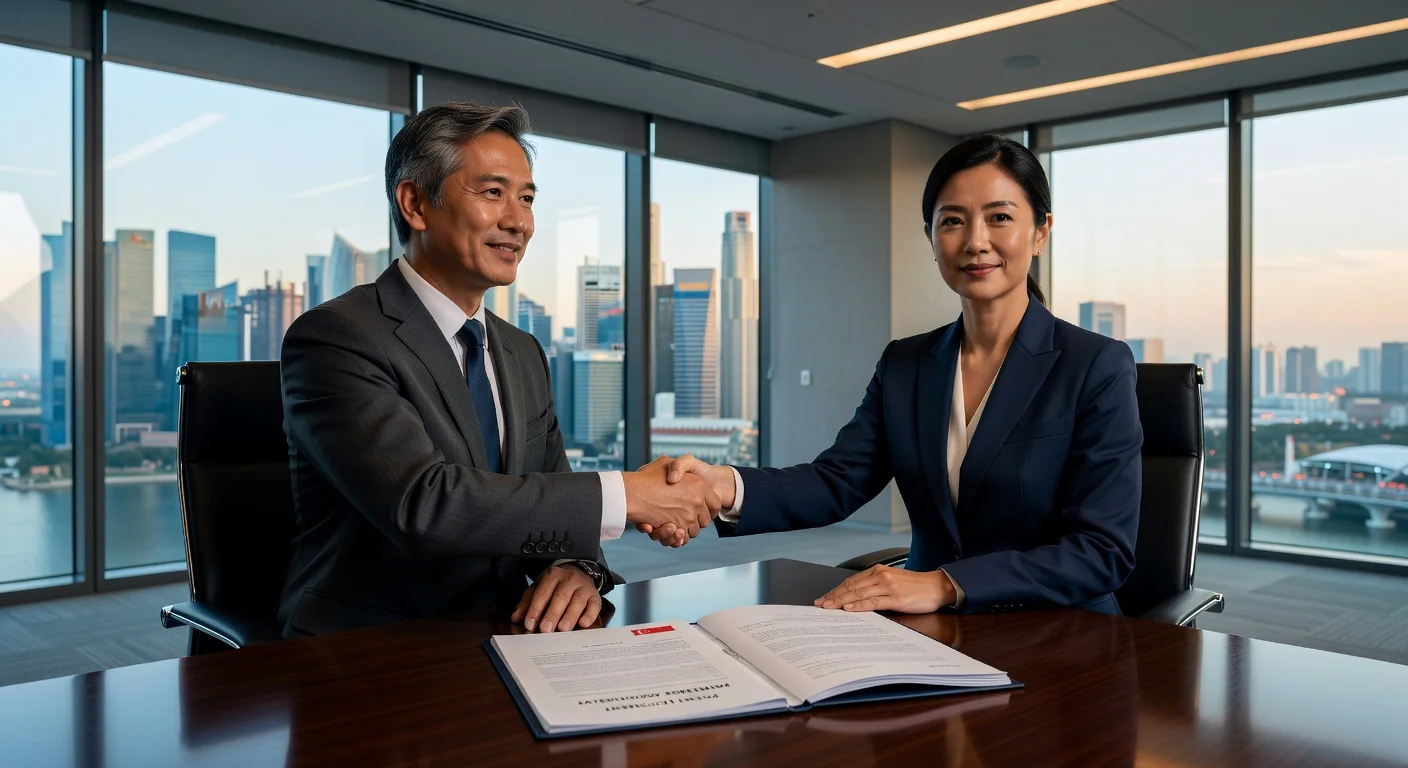 Business professionals shaking hands over contract