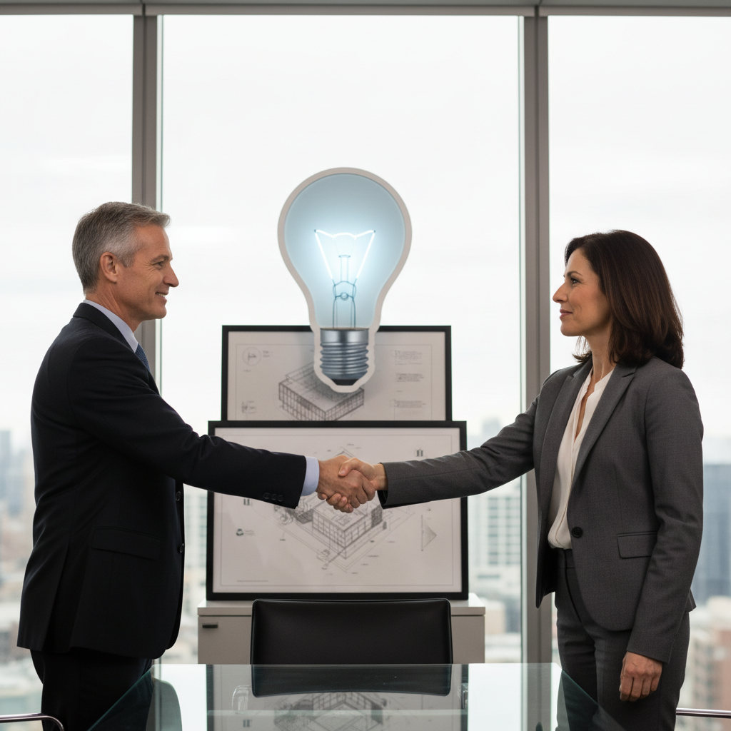 A photorealistic image of two professional adults in a modern conference room, shaking hands over a table with subtle innovation symbols like a lightbulb or blueprint in the background, symbolizing a patent licensing agreement without showing any documents or children.