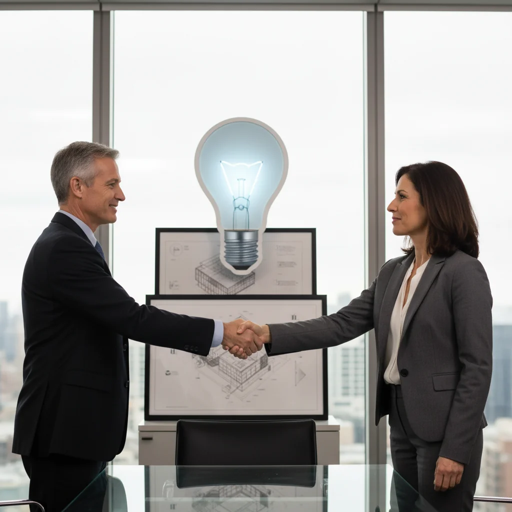 A photorealistic image of two professional adults in a modern conference room, shaking hands over a table with subtle innovation symbols like a lightbulb or blueprint in the background, symbolizing a patent licensing agreement without showing any documents or children.