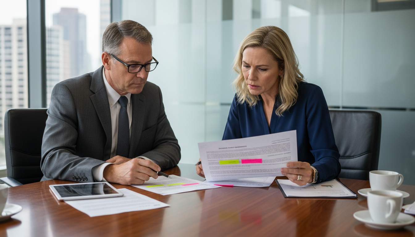 Business professionals reviewing patent agreement