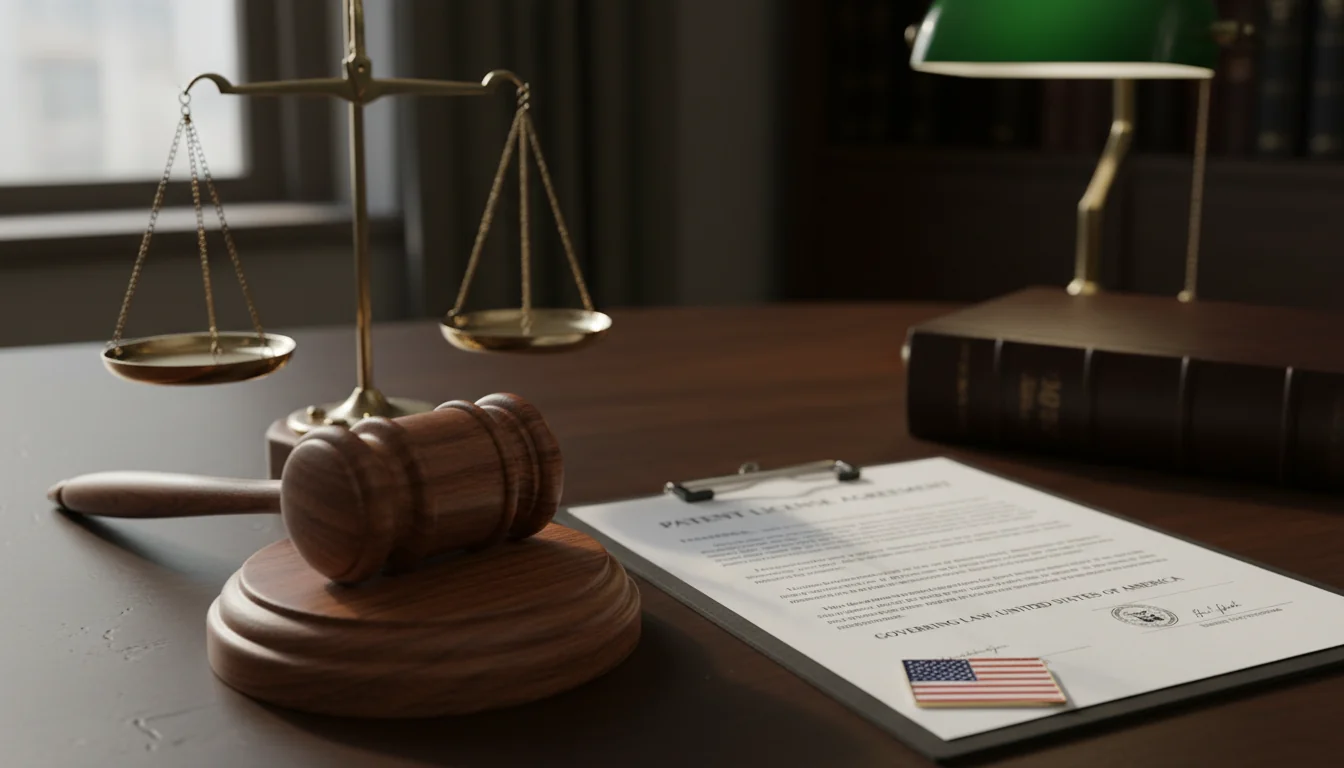 Gavel and scales with patent documents