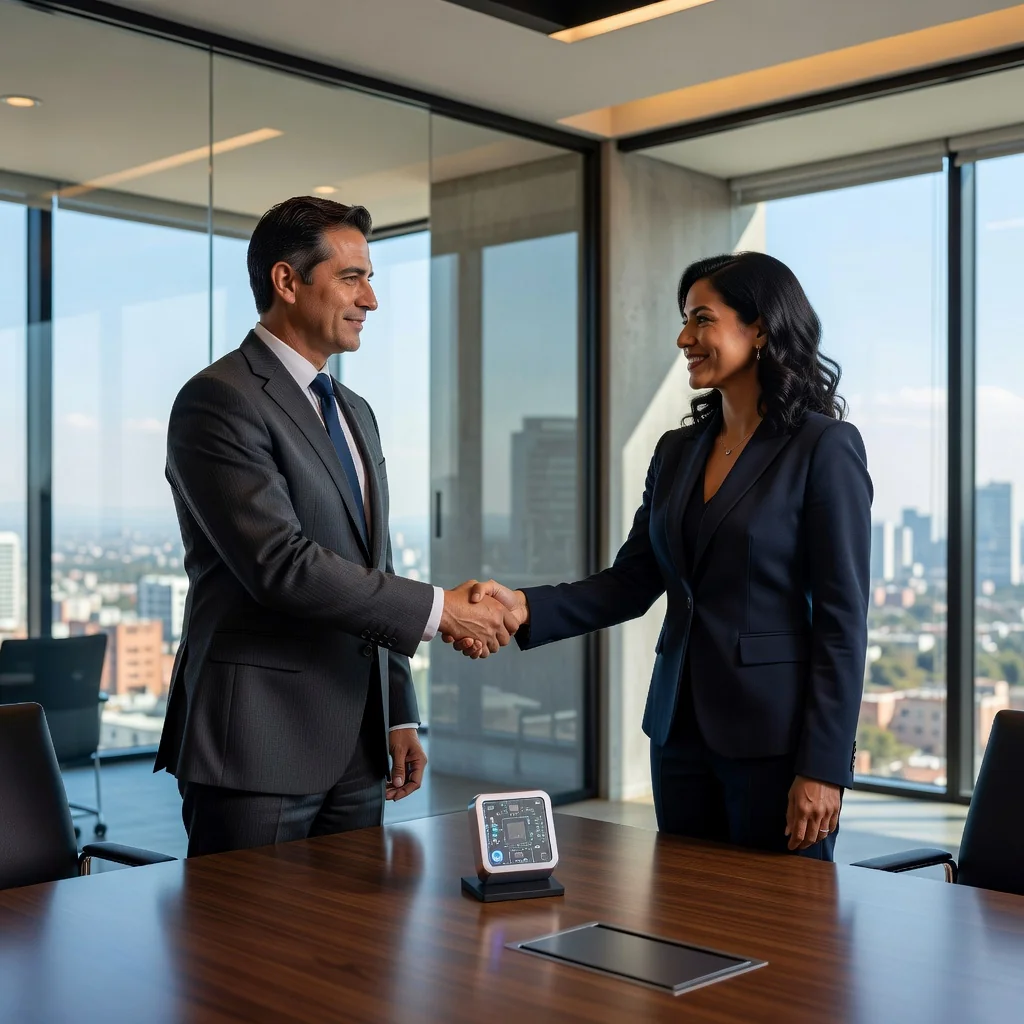 A photorealistic image representing innovation and intellectual property licensing in Mexico, featuring a diverse group of adult professionals in a modern office setting shaking hands over a symbolic tech gadget on a table, with subtle Mexican cultural elements like a flag or city skyline in the background, conveying partnership and legal agreement without showing any documents.