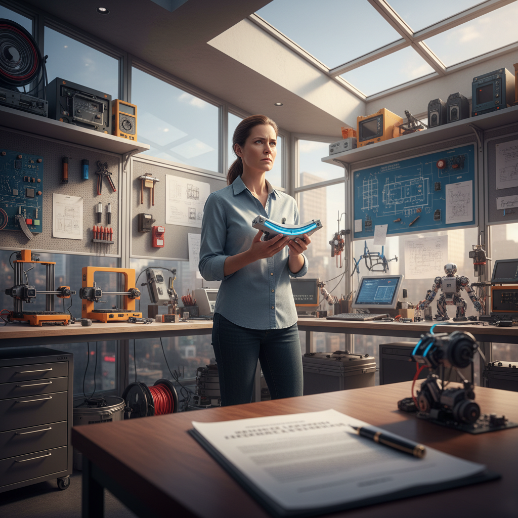 A photorealistic image of an adult inventor in a modern workshop, holding a prototype invention like a small gadget, looking thoughtful and inspired, with patent documents subtly in the background, conveying the balance of opportunities and challenges in patent licensing.