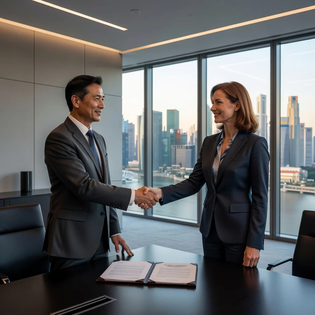 A professional business meeting in a modern Singapore office, with adults shaking hands over a deal, symbolizing partnership and agreement in patent licensing, with subtle Singapore skyline in the background, no children present.