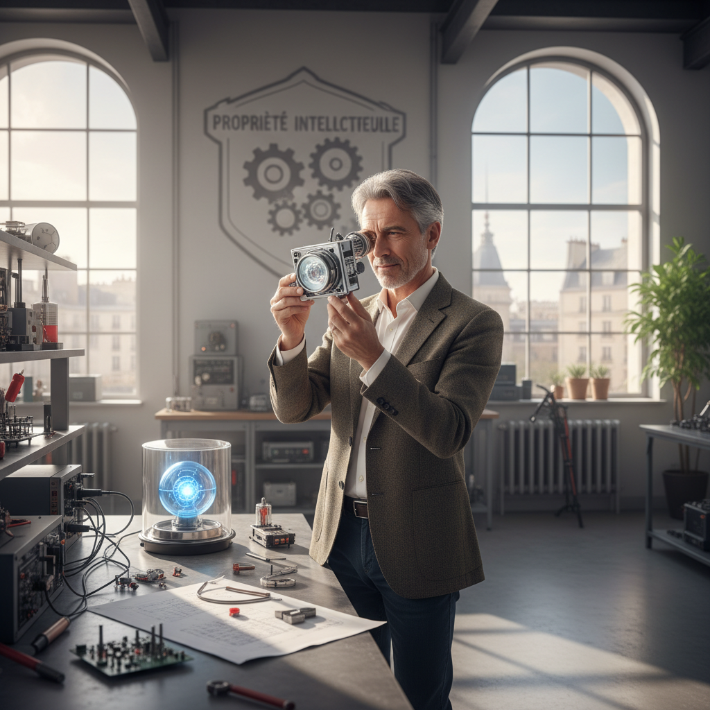 A photorealistic hero image depicting a professional adult inventor in a modern laboratory, examining a prototype invention with a thoughtful expression, symbolizing the innovation and protection aspects of a French patent license, without any focus on legal documents or children.