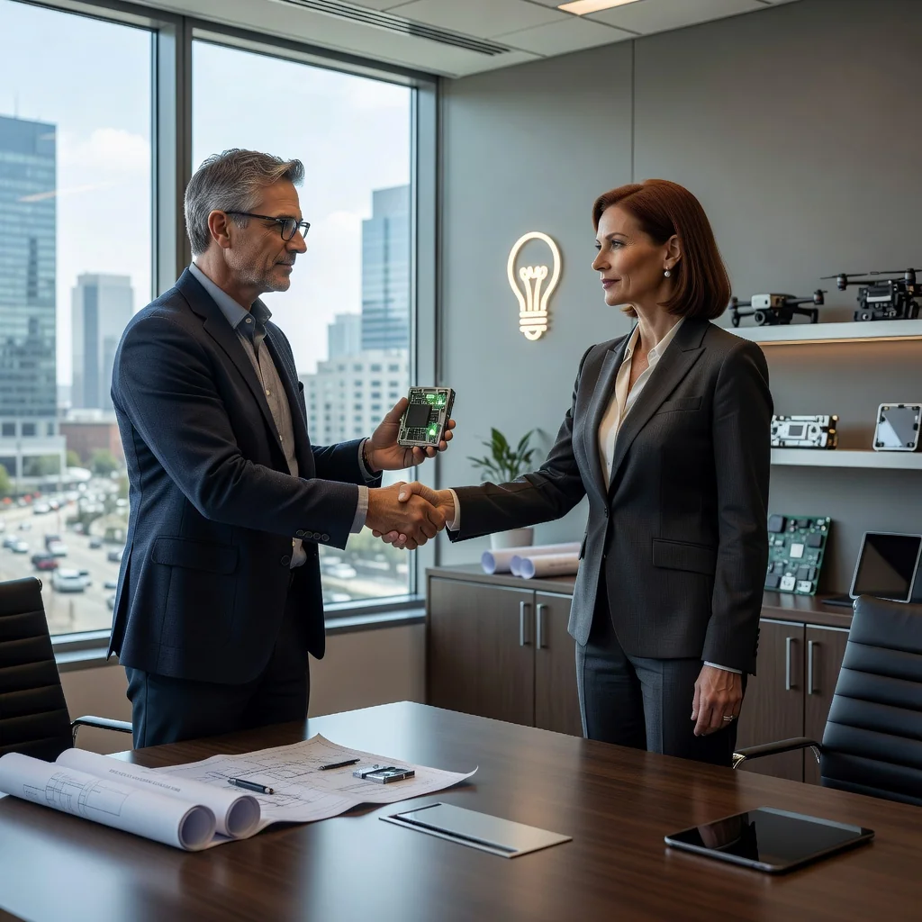 A photorealistic image of two professional adults, an inventor and a business executive, shaking hands in a modern office setting with subtle patent blueprints and innovation symbols in the background, representing a patent license agreement.