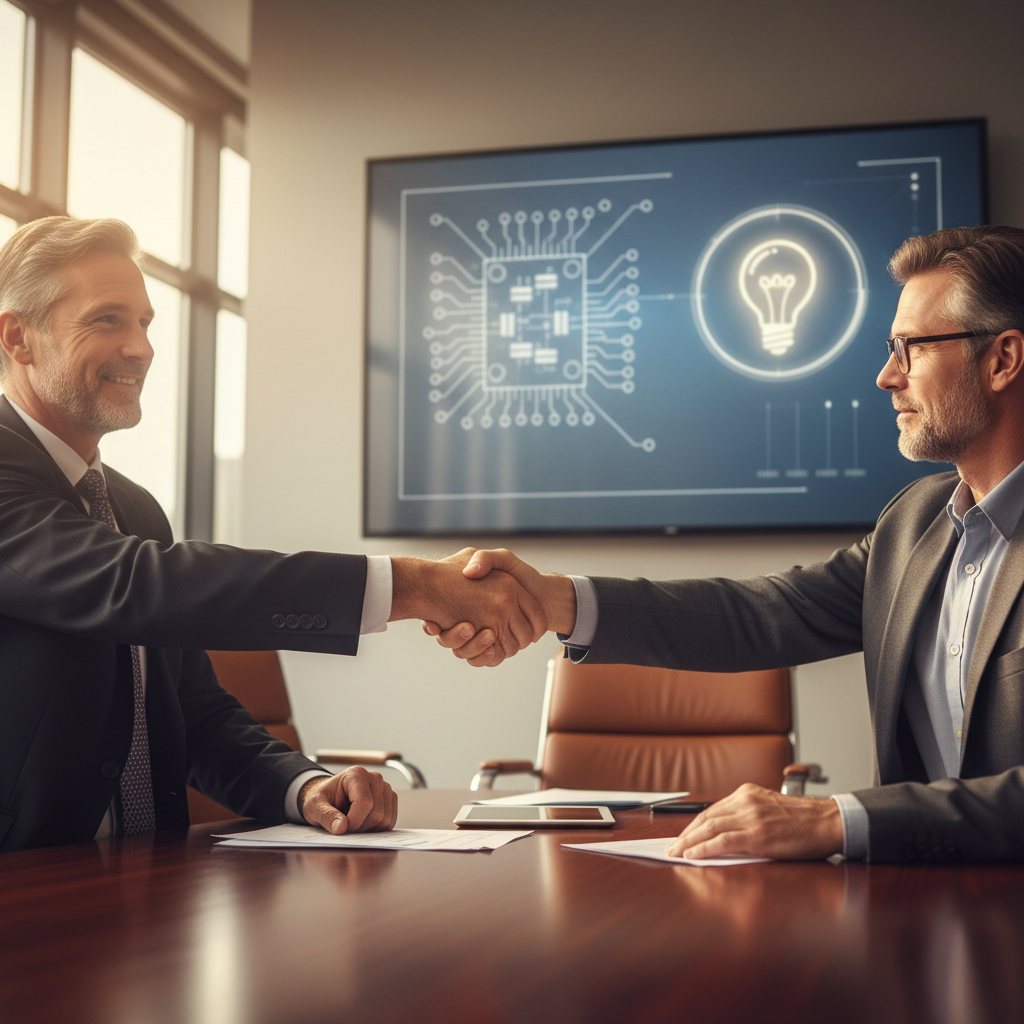 A photorealistic image of two professional adults, such as a lawyer and an inventor, shaking hands in a modern office setting with subtle patent-related elements like a blueprint or innovation symbol in the background, symbolizing a patent license agreement.