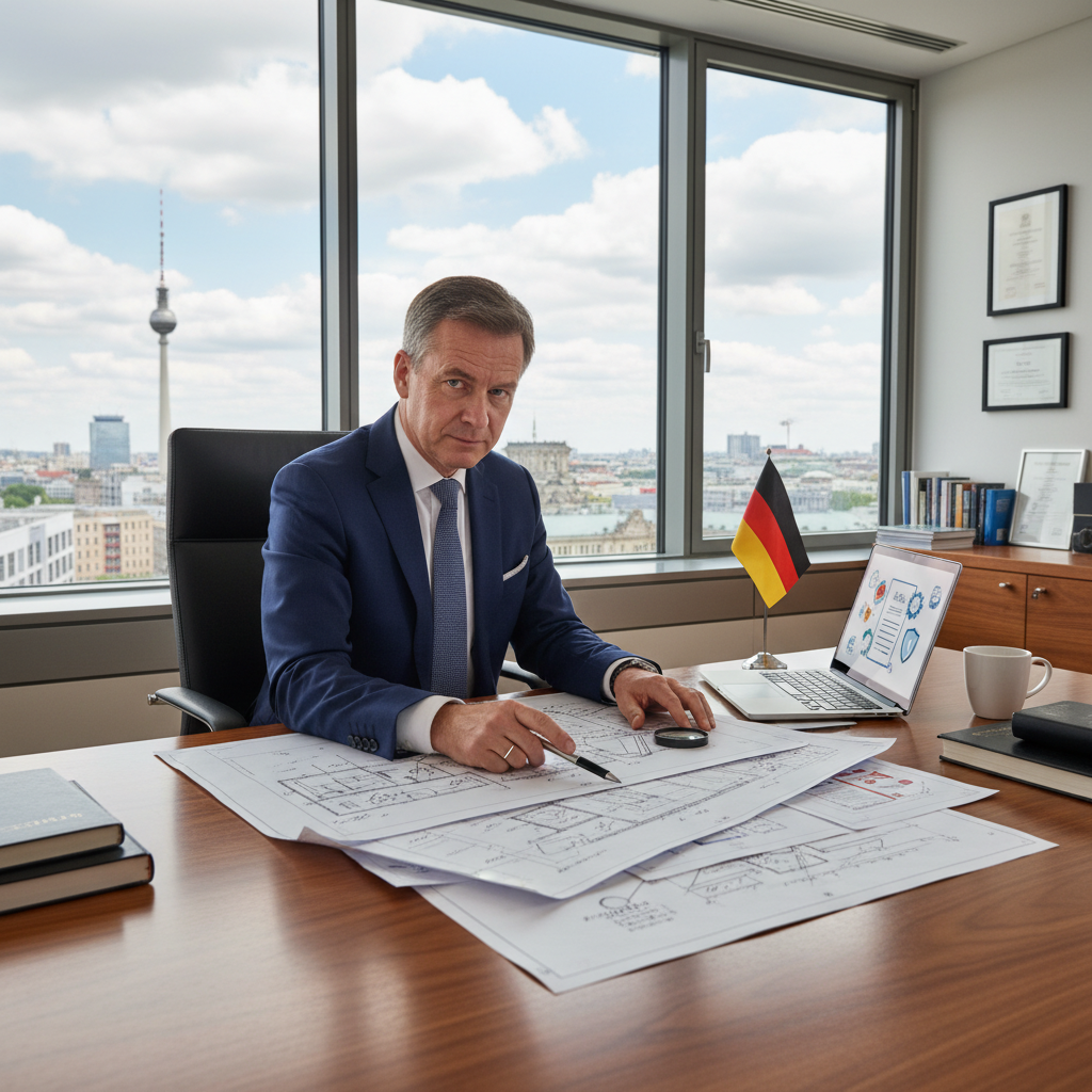 A photorealistic image of a professional German patent attorney or inventor in a modern office setting in Germany, reviewing technical blueprints and patent documents on a desk with subtle German flags or Berlin skyline in the background, symbolizing innovation and legal protection of intellectual property. The scene conveys professionalism, innovation, and legal assurance without focusing on the actual document. No children are present in the image.