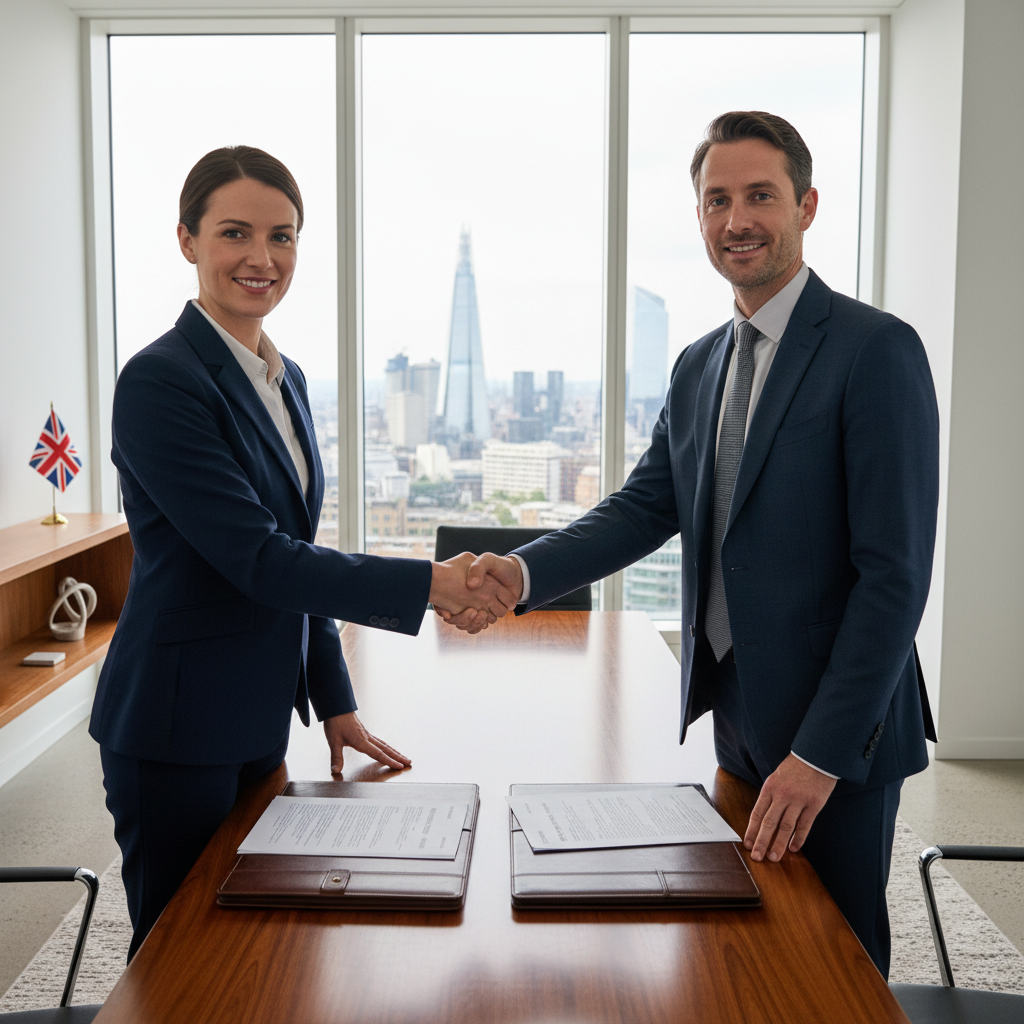 A photorealistic image depicting a professional business meeting in a modern UK office, where two adults in business attire are shaking hands over a conference table, symbolizing a successful patent licensing agreement. The scene includes subtle UK elements like a Union Jack flag in the background and London skyline view through the window, conveying innovation, partnership, and legal collaboration without showing any documents.