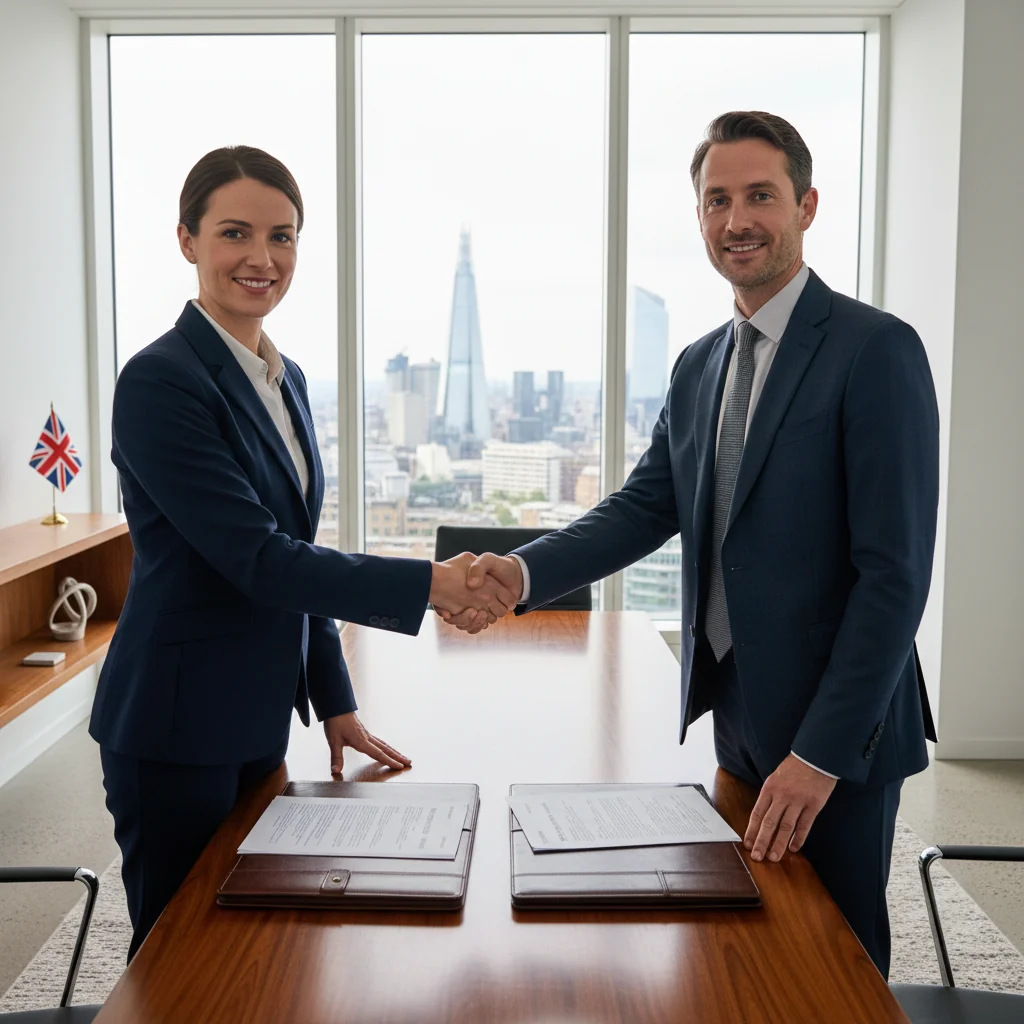 A photorealistic image depicting a professional business meeting in a modern UK office, where two adults in business attire are shaking hands over a conference table, symbolizing a successful patent licensing agreement. The scene includes subtle UK elements like a Union Jack flag in the background and London skyline view through the window, conveying innovation, partnership, and legal collaboration without showing any documents.