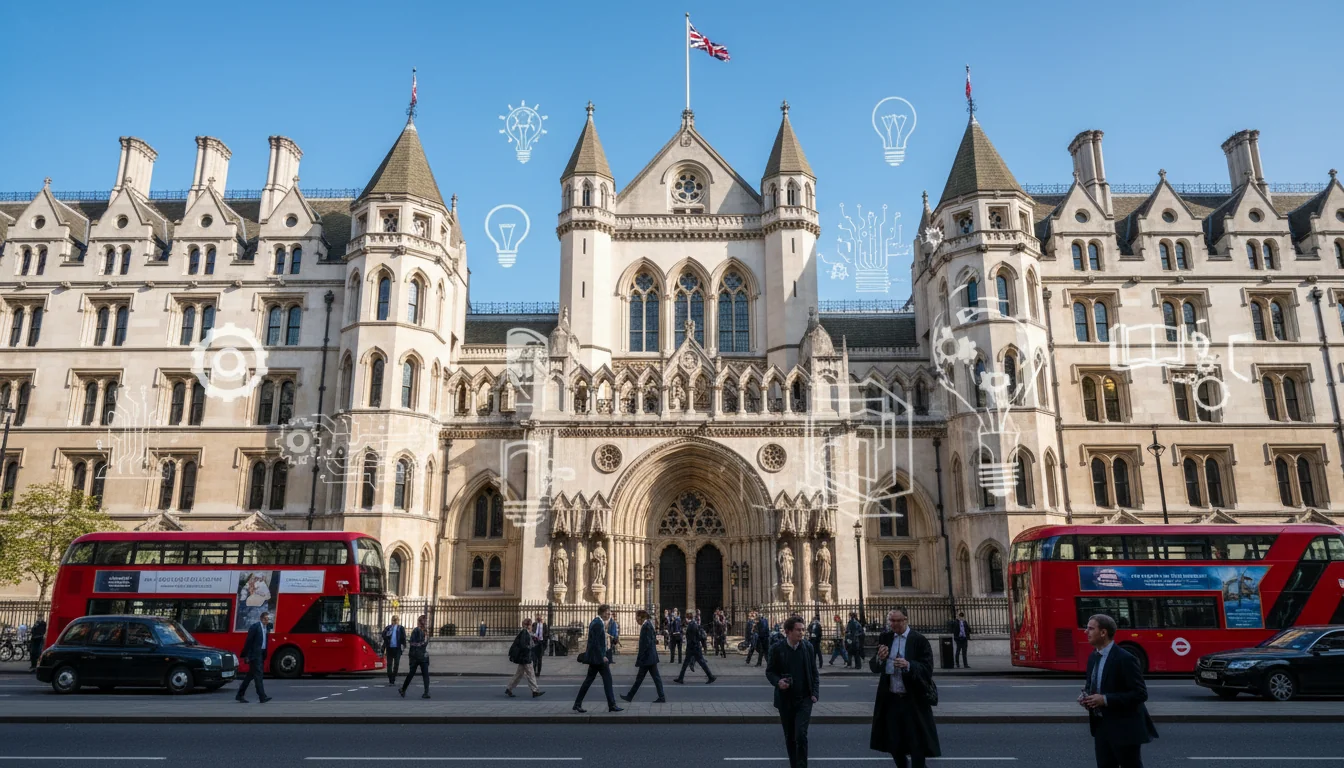 UK courthouse with patent symbols