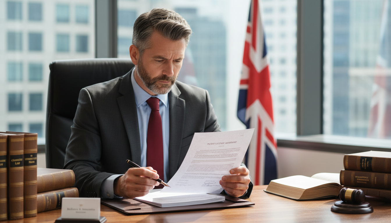 UK lawyer reviewing patent document