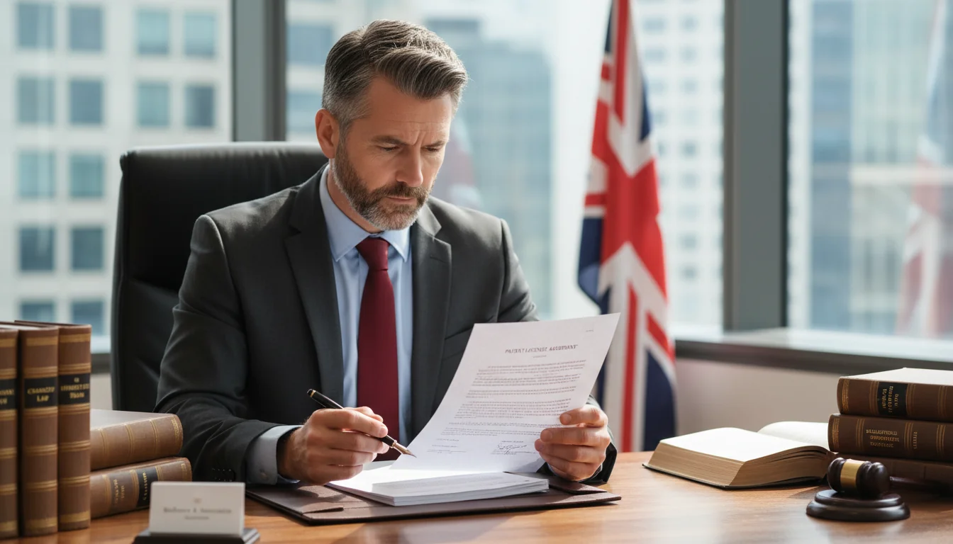 UK lawyer reviewing patent document