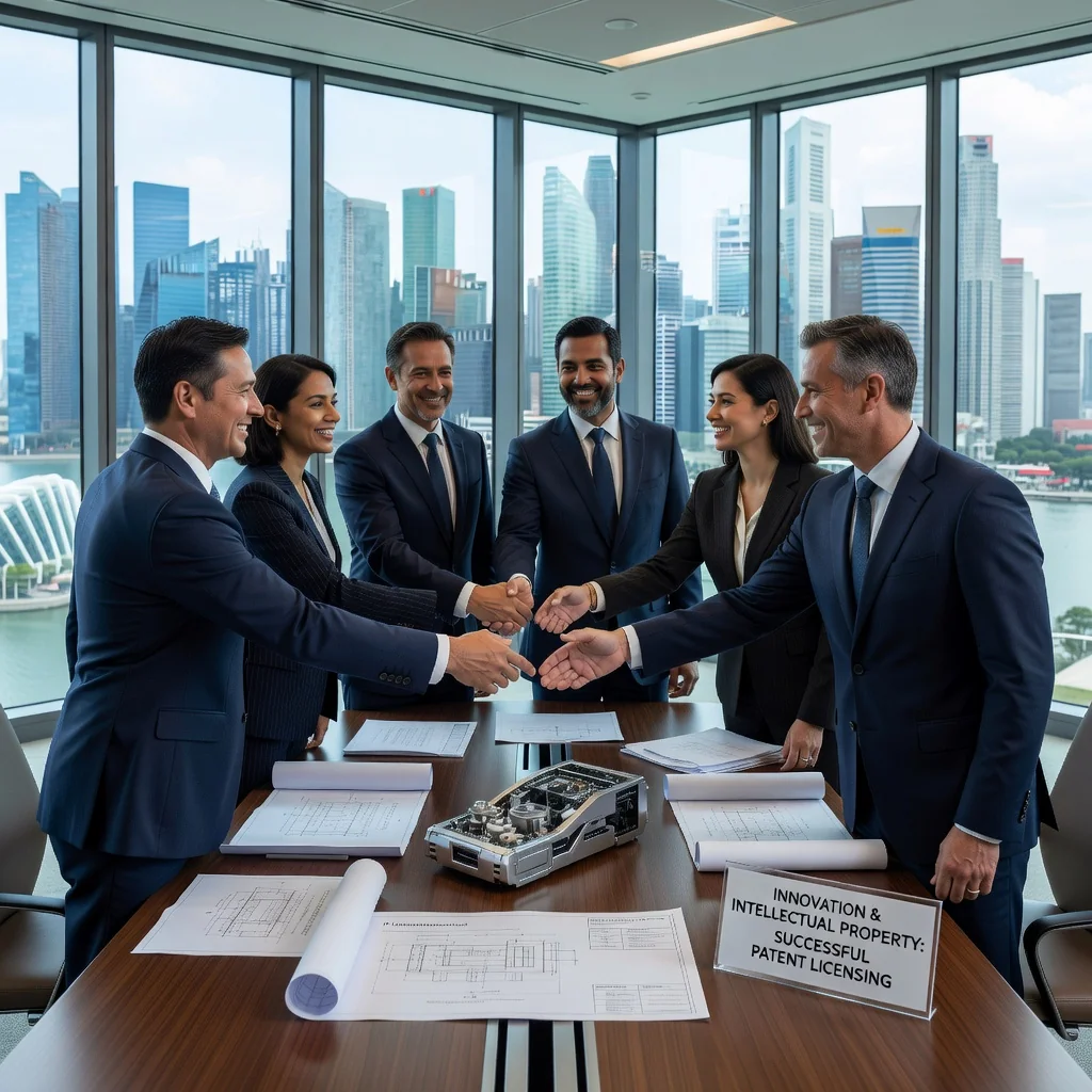A professional scene in a modern Singapore office representing innovation and intellectual property protection through patent licensing, featuring a diverse group of adult business professionals shaking hands over a blueprint or prototype model on a conference table, with the Singapore skyline visible through large windows in the background, symbolizing collaboration and agreement in a business context.