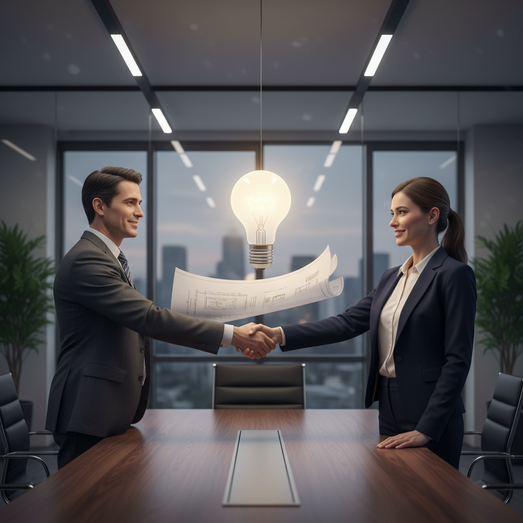 A professional scene representing innovation and collaboration in patent licensing, showing two adult business professionals shaking hands in a modern office with subtle innovation symbols like a lightbulb or patent blueprint in the background, no legal documents visible.