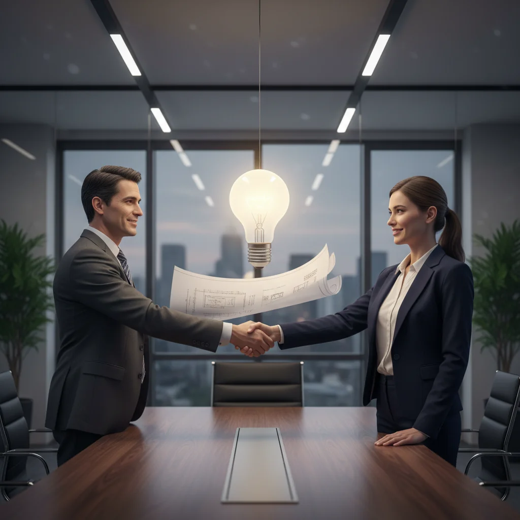 A professional scene representing innovation and collaboration in patent licensing, showing two adult business professionals shaking hands in a modern office with subtle innovation symbols like a lightbulb or patent blueprint in the background, no legal documents visible.