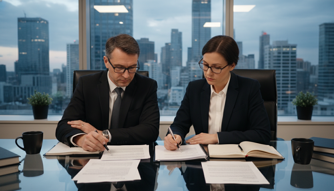 Corporate lawyers reviewing patent terms