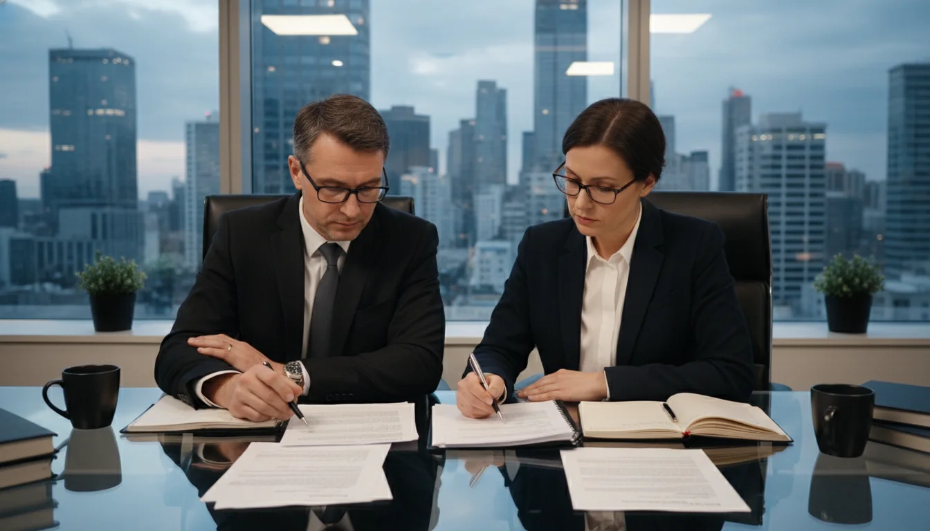 Corporate lawyers reviewing patent terms