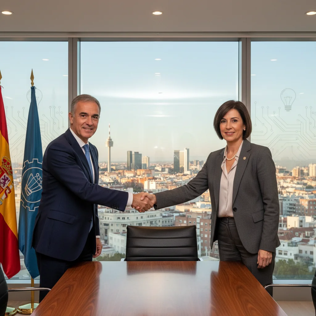 A photorealistic image of two professional adults in a modern Spanish office, shaking hands over a conference table with subtle Spanish flags and legal icons in the background, symbolizing a patent license agreement.