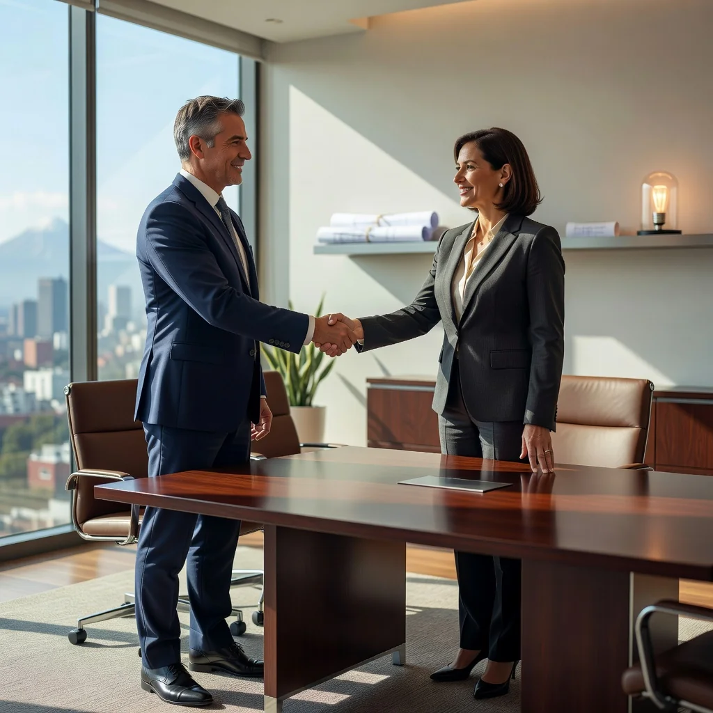 A photorealistic image of two professional adults in a modern Mexican office, shaking hands over a table with subtle patent-related icons like blueprints or innovation sketches in the background, symbolizing a patent license agreement. The scene conveys trust, partnership, and legal business collaboration in Mexico, with warm lighting and authentic details.