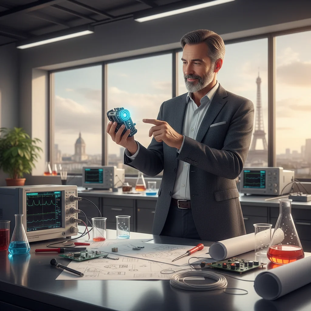 A photorealistic image representing the purpose of a French patent license, featuring a professional adult inventor or engineer in a modern laboratory or office setting, examining a prototype invention with a sense of innovation and achievement, no children present, no legal documents visible.