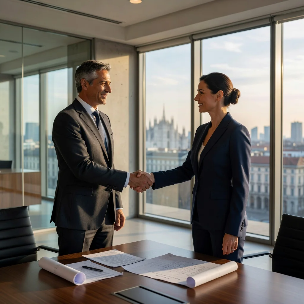 A professional scene in an Italian office or innovation hub, showing adults engaged in a business meeting discussing patent ideas, with Italian flags or landmarks in the background to evoke Italy, symbolizing the purpose of a patent license agreement which facilitates technology transfer and collaboration between inventors and companies.
