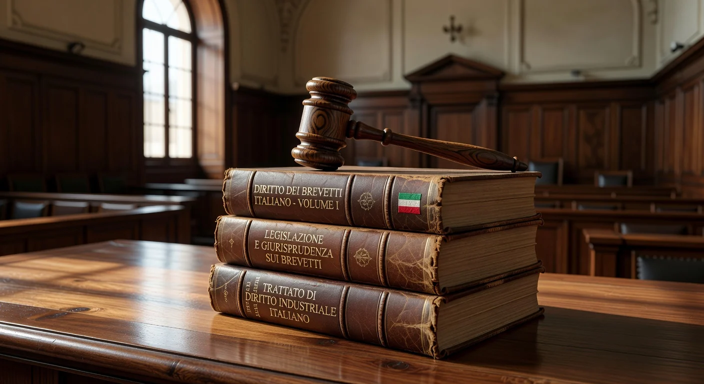 Gavel and Italian legal books on patent law