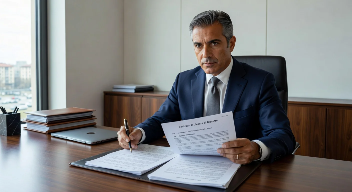 Italian lawyer reviewing patent license contract