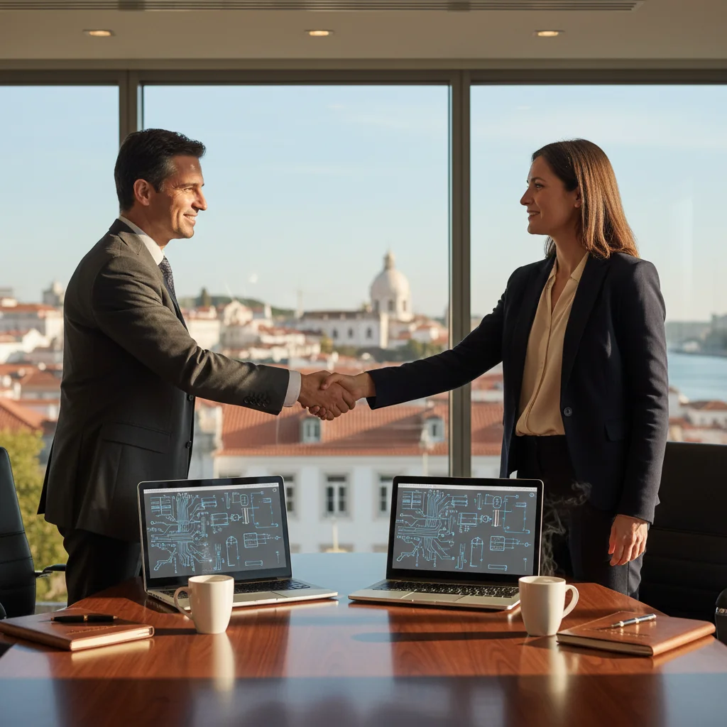 A photorealistic image of a professional business meeting in a modern Portuguese office, where a lawyer and an inventor are shaking hands over a patent agreement, symbolizing the licensing of intellectual property. The scene includes elements like a conference table with laptops and coffee cups, large windows showing Lisbon skyline, emphasizing collaboration and innovation in patent licensing. No children are present.