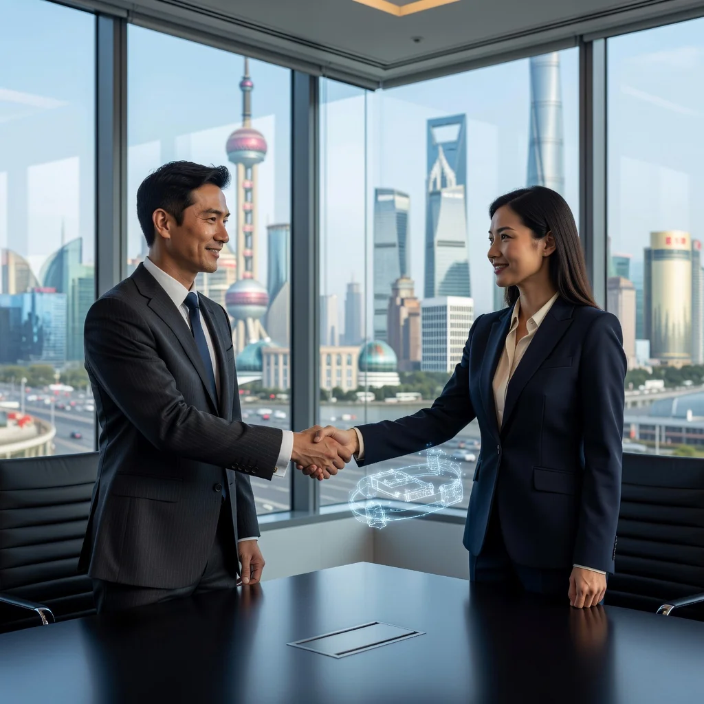 A professional scene in a modern Chinese business office where two Asian business professionals, one man and one woman in their 30s, are shaking hands over a conference table, symbolizing a successful patent licensing agreement. The office has large windows showing a city skyline of Shanghai, with subtle elements like a blueprint or innovation icon in the background to represent patents, but no actual documents visible. The atmosphere is positive and collaborative, emphasizing partnership and legal trust in China's business environment.