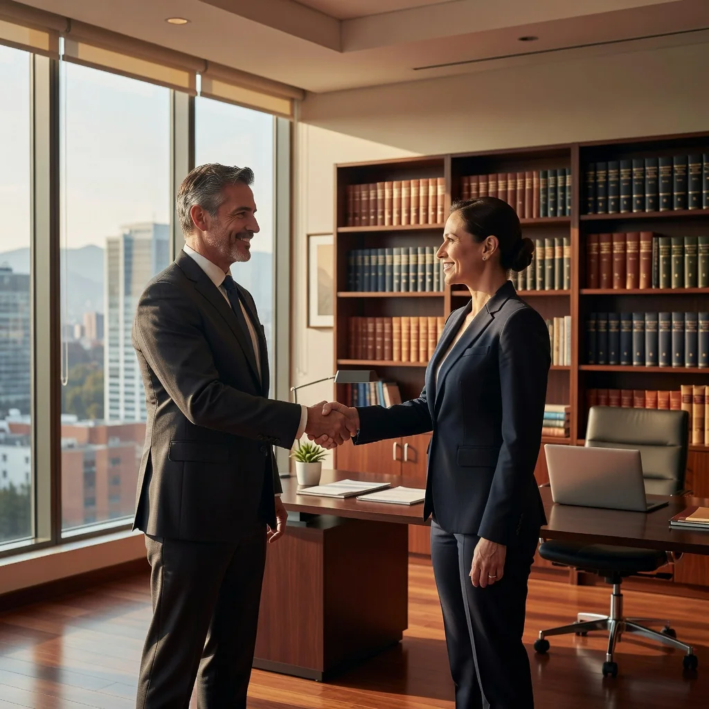 A photorealistic image depicting a professional handshake between two adults in a modern Mexican office, symbolizing the agreement and transfer of intellectual property rights in a copyright assignment contract. The scene includes subtle elements like bookshelves with legal volumes and a laptop on a desk, conveying trust and collaboration without focusing on any documents.