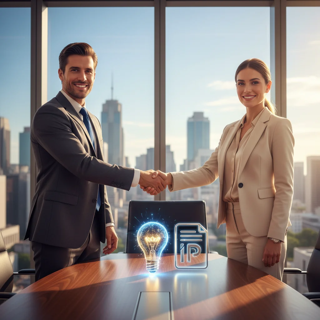 A professional business meeting between two adults in a modern office, shaking hands over a table with subtle intellectual property symbols like a lightbulb and patent icons in the background, representing the transfer of knowledge property rights through agreement.