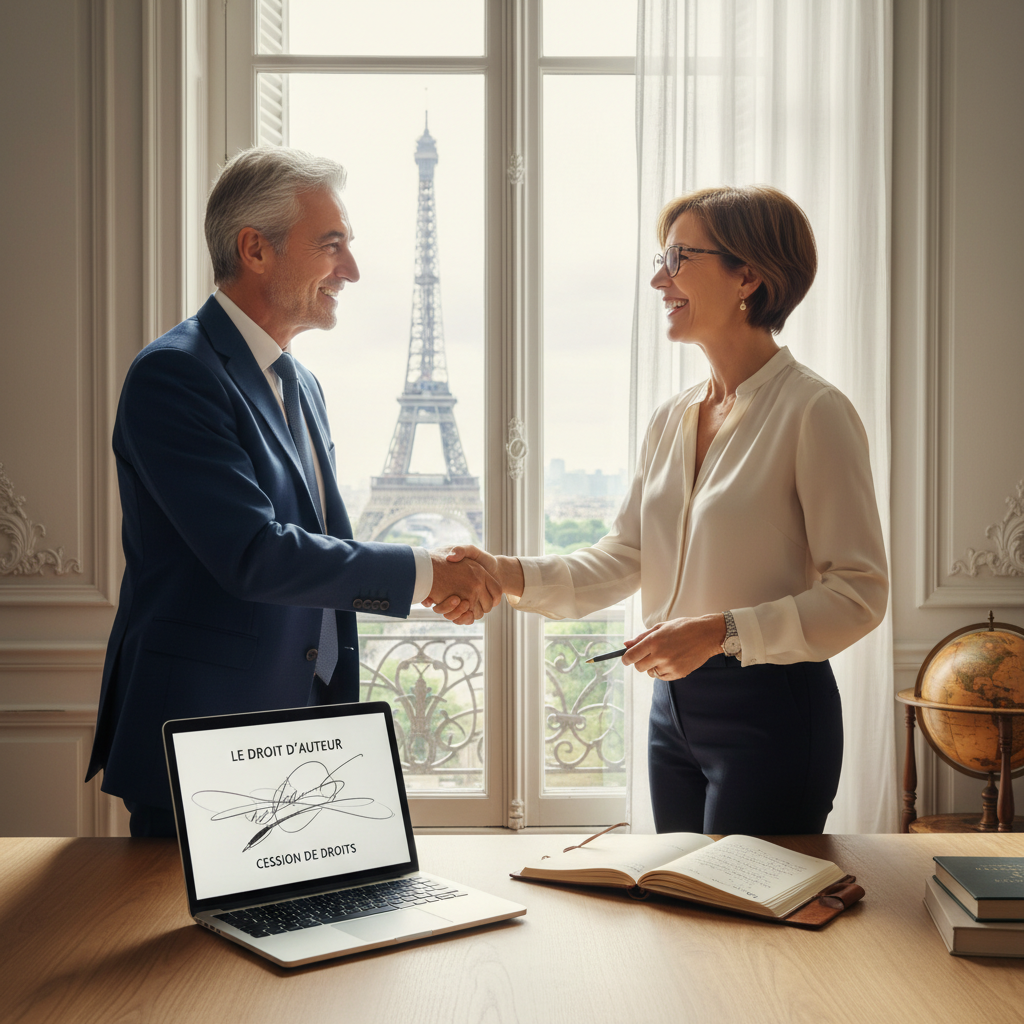 A photorealistic image of two adult professionals in a modern French office, shaking hands over a creative project like a manuscript or artwork, symbolizing the transfer of copyright ownership in France. The scene conveys agreement and collaboration without showing any legal documents.