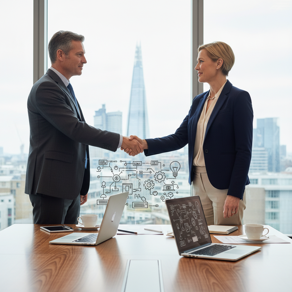 A photorealistic image of two professional adults in a modern office setting, shaking hands over a conference table with laptops and innovation sketches in the background, symbolizing the transfer of intellectual property rights in a UK business context.