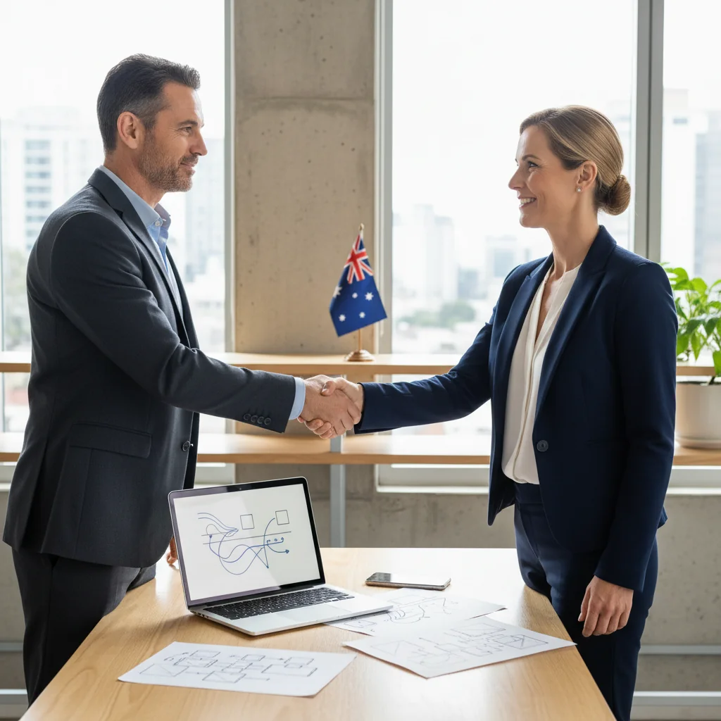 A photorealistic image of two professional adults in a modern Australian office, shaking hands over a desk with a subtle Australian flag in the background, symbolizing the agreement and transfer of intellectual property rights in a business context.