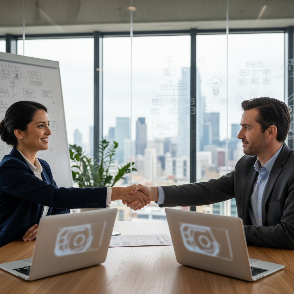 A professional business meeting in a modern UK office where adults are shaking hands over a contract, symbolizing the assignment of intellectual property rights, with no children present.