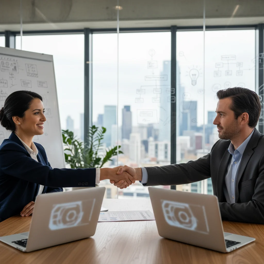 A professional business meeting in a modern UK office where adults are shaking hands over a contract, symbolizing the assignment of intellectual property rights, with no children present.